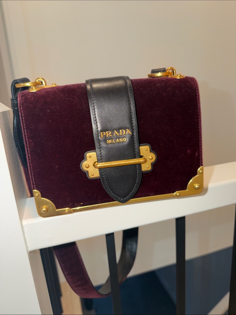Prada Burgundy Velvet Crossbody with Black Leather Strap and Gold Hardware